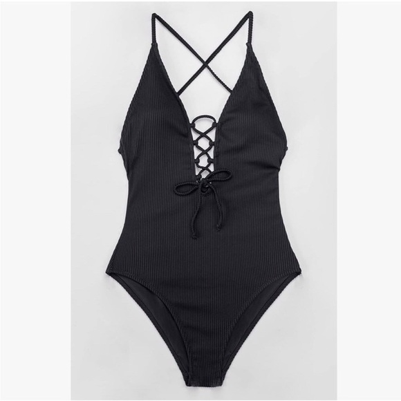 CUPSHE Black Ribbed V-neck lace up one piece swimsuit small NEW - Picture 2 of 9